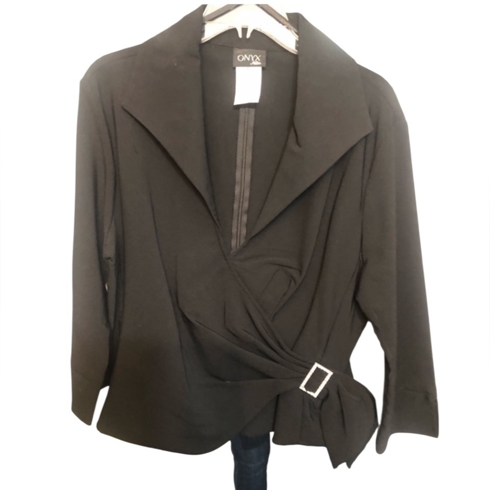 Onyx Nites  X-large black dressy faux wrap V-neck back zip rhinestone detail